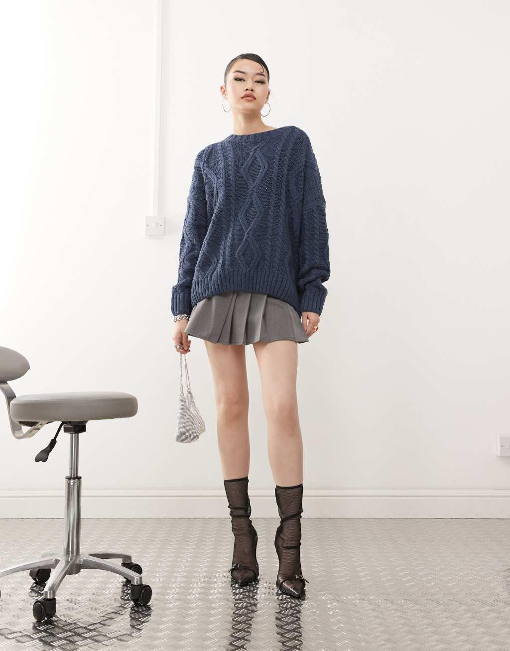 Princess Polly chunky cable knit crew neck sweater in navy Product Image