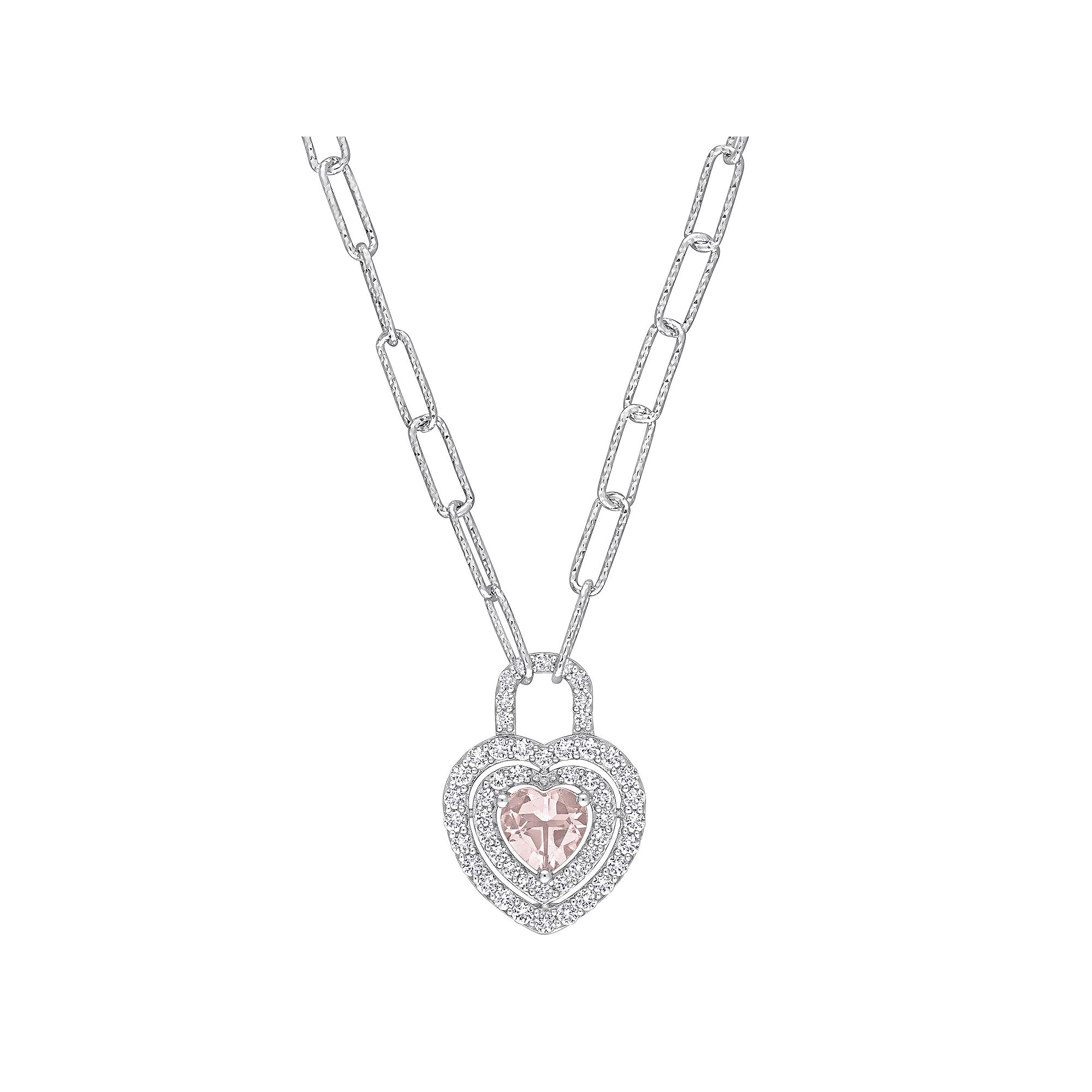 Stella Grace Sterling Silver Morganite & Created White Sapphire Double Halo Heart Lock Pendant Necklace, Women's, Size: 16" Product Image