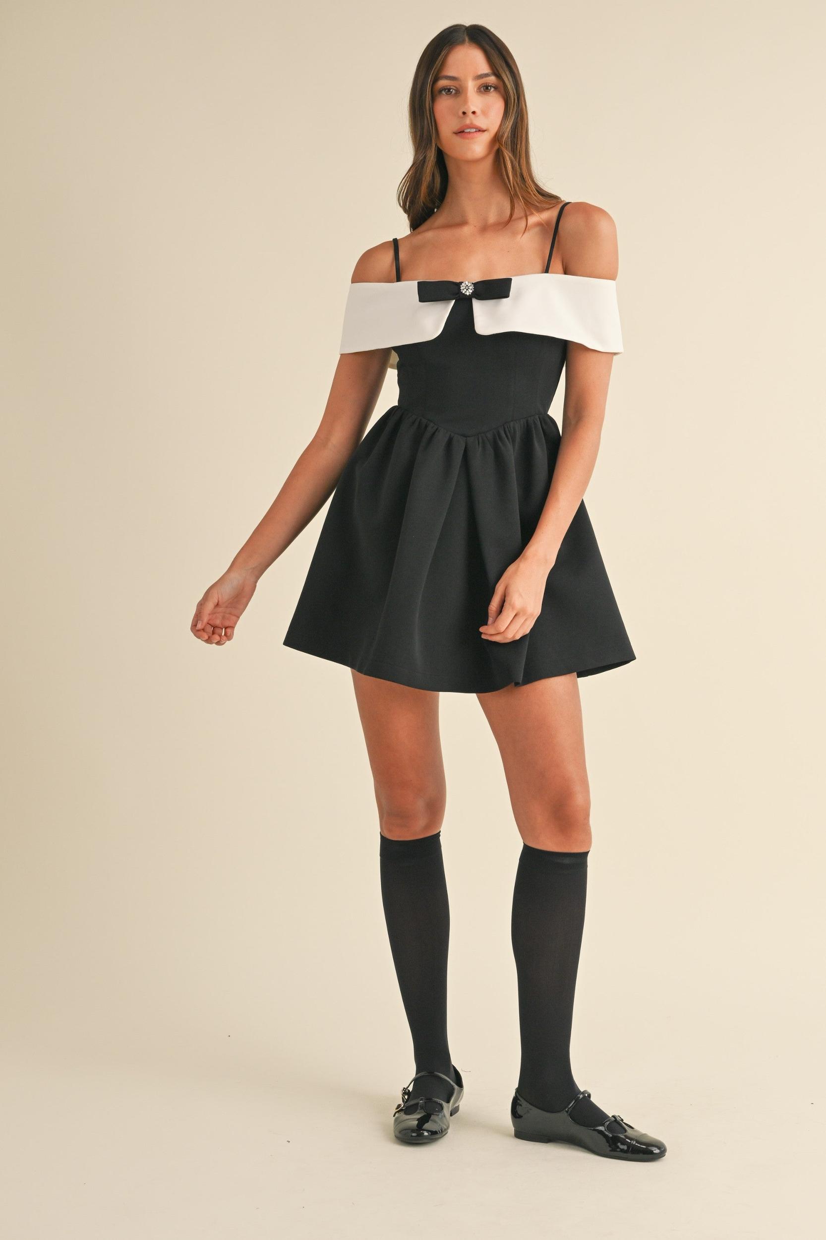 Bow Detail Off Shoulder Contrast Fit & Flare Dress Product Image