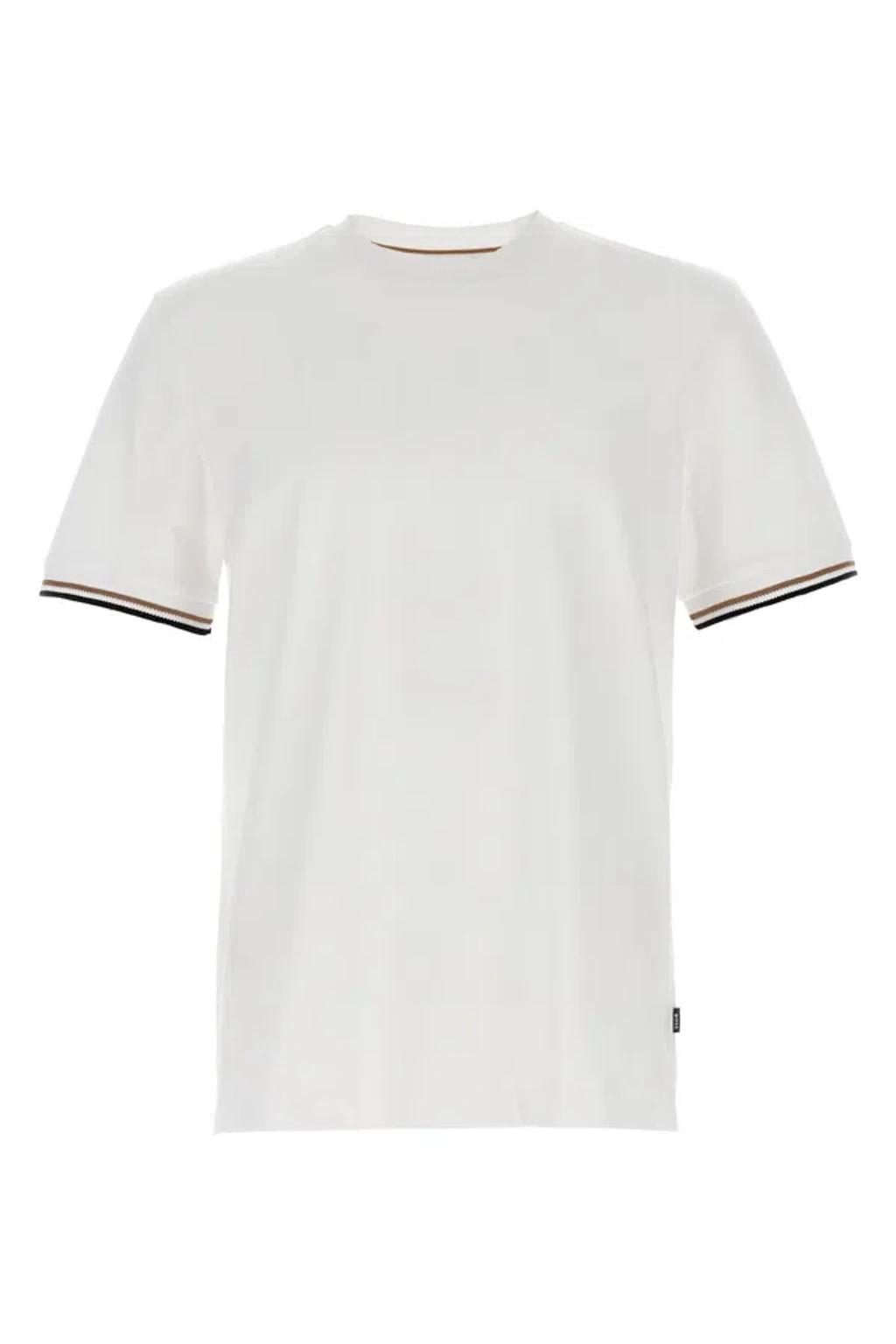 HUGO BOSS Mens White Striped-trim Regular-fit Cotton-jersey T-shirt Xxl Product Image