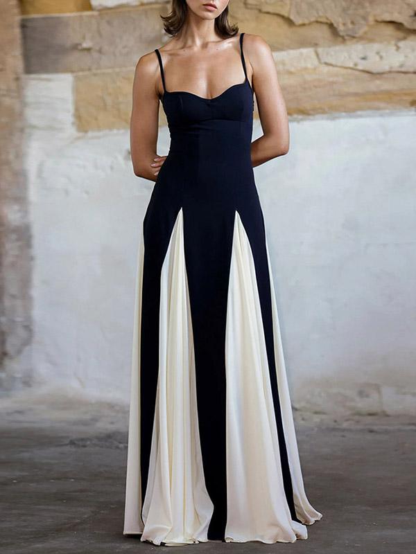 A-Line Sleeveless Contrast Color Pleated Split-Joint Spaghetti-Neck Evening Dresses Maxi Dresses Product Image