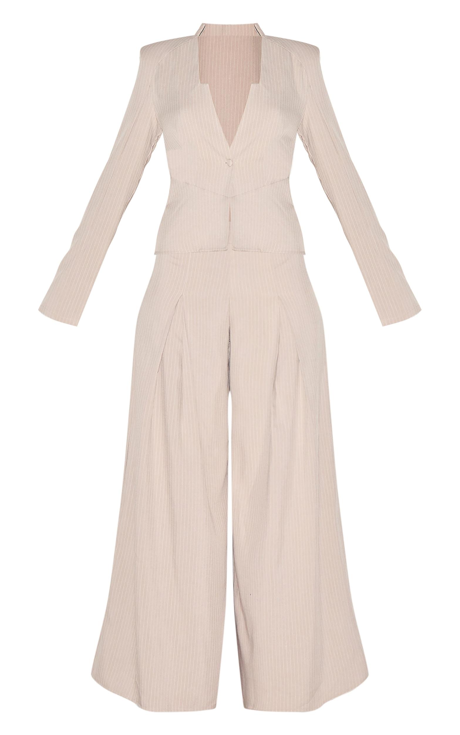  Stone Pinstripe Shirt Detail Straight Leg Jumpsuit Product Image