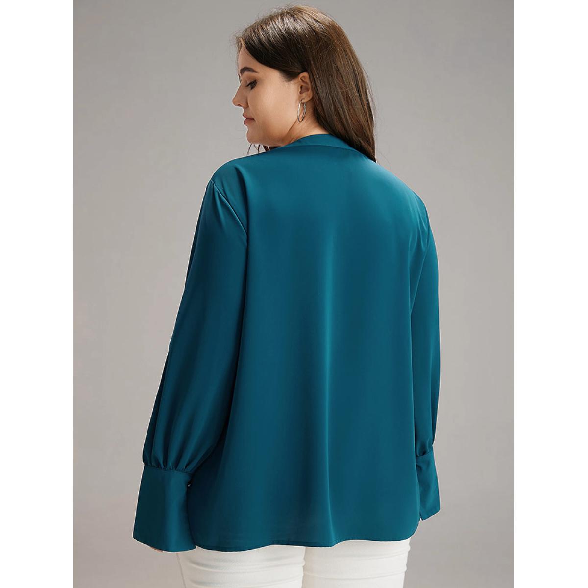 Plus Size Aegean Plain Pearl Beaded Plicated Detail Blouse Women Office Long Sleeve Round Neck Office Blouses BloomChic 12/L Product Image