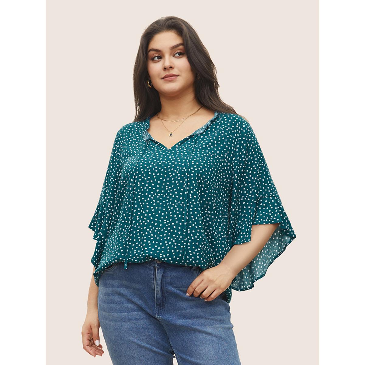 Plus Size Emerald Tie Neck Polka Dot Patchwork Ruffle Sleeve Blouse Women Elegant Half Sleeve V-neck Everyday Blouses BloomChic 12/L Product Image