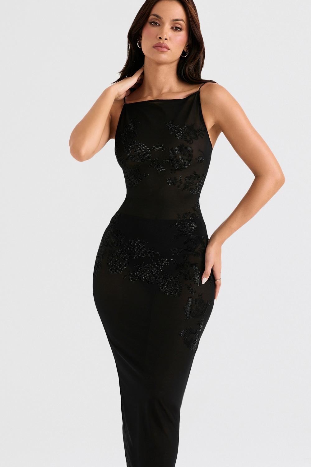 Amirah  black mesh crystal embellished midi dress Product Image