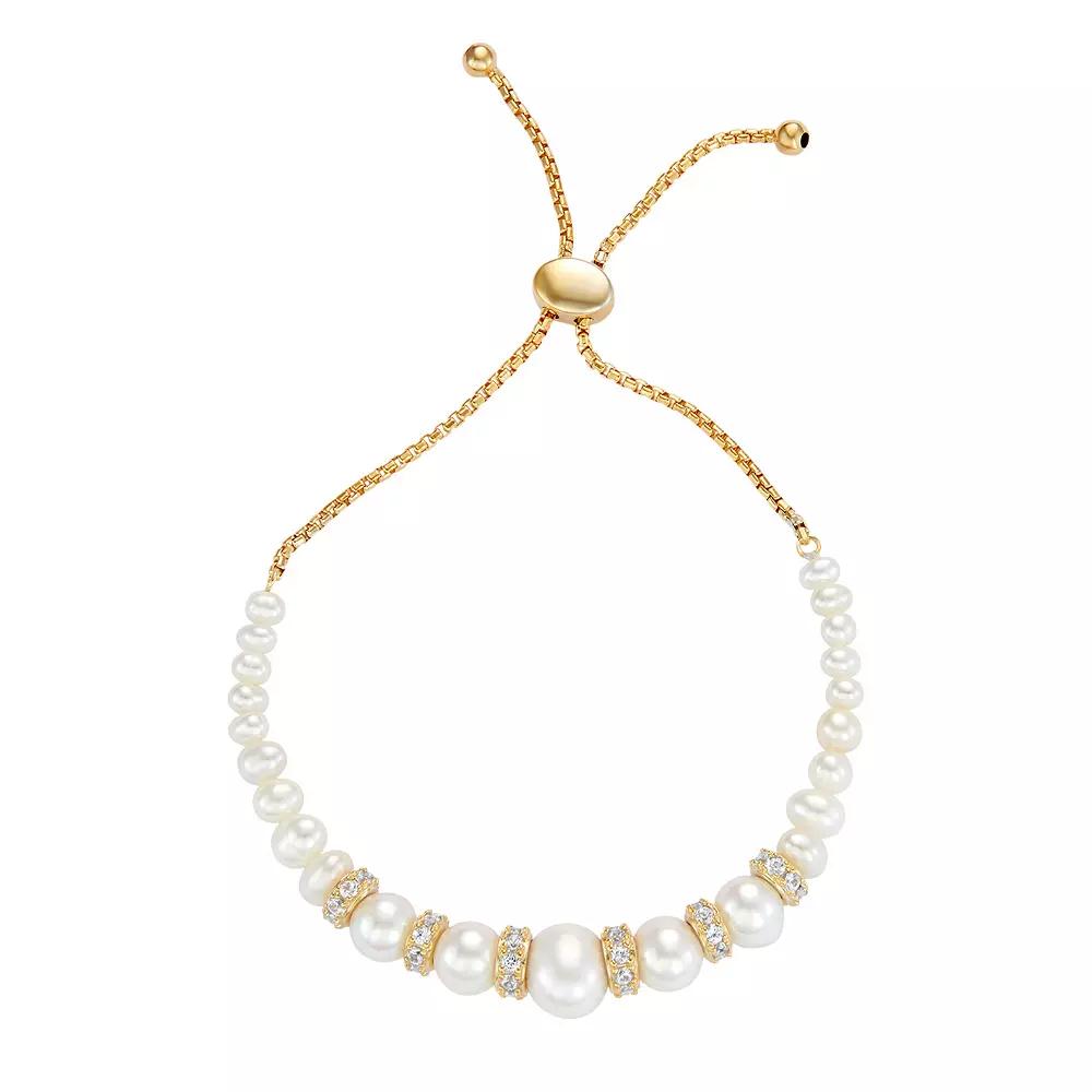 18k Gold Over Sterling Silver Freshwater Cultured Pearl & Lab-Created White Sapphire Bolo Bracelet, Women's, Size: 9", Gold Tone Product Image