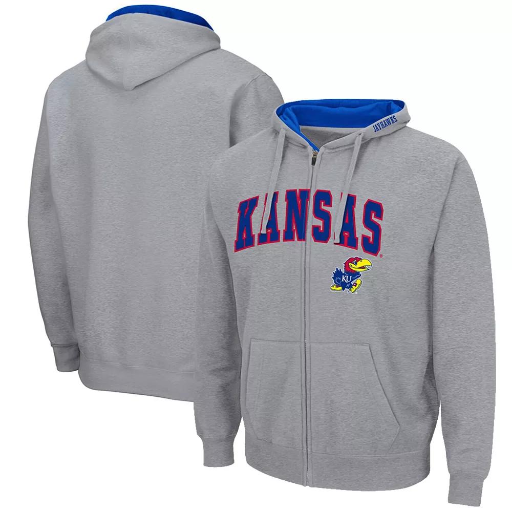 Men's Colosseum Heathered Gray Kansas Jayhawks Arch & Logo 3.0 Full-Zip Hoodie,  Product Image