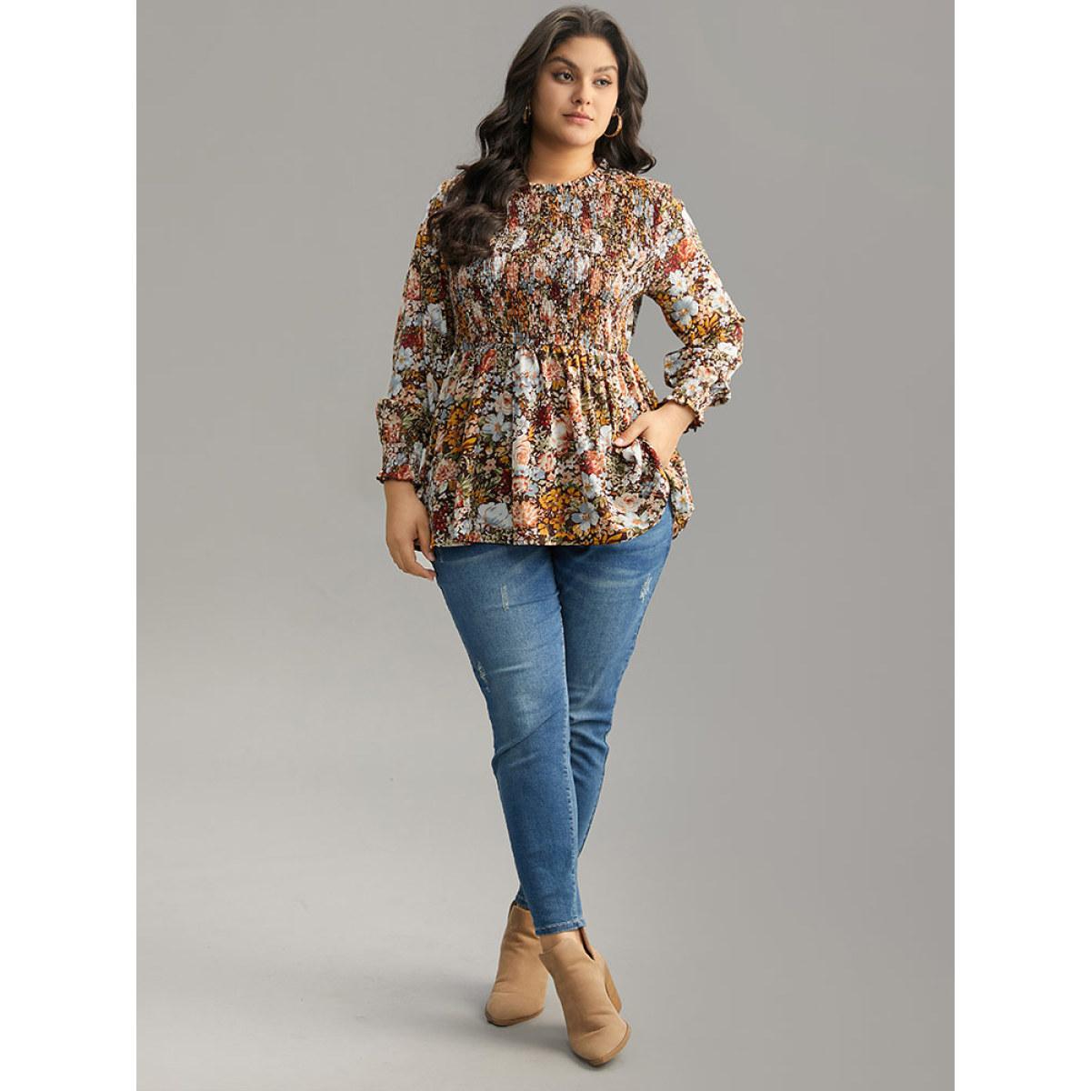 Plus Size DarkBrown Floral Shirred Frill Trim Stand Collar Blouse Women Elegant Long Sleeve Stand-up collar Dailywear Blouses BloomChic 30/6X Product Image