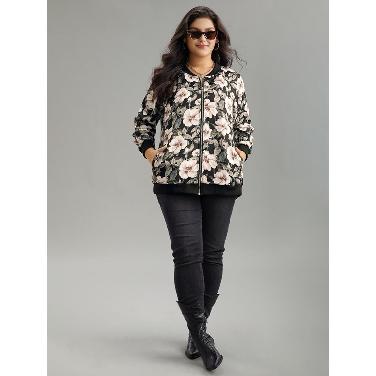 Plus Size Floral Print Patchwork Zipper Jacket Women BlackFlower Elastic cuffs Pocket Everyday Jackets BloomChic 14-16/1X Product Image