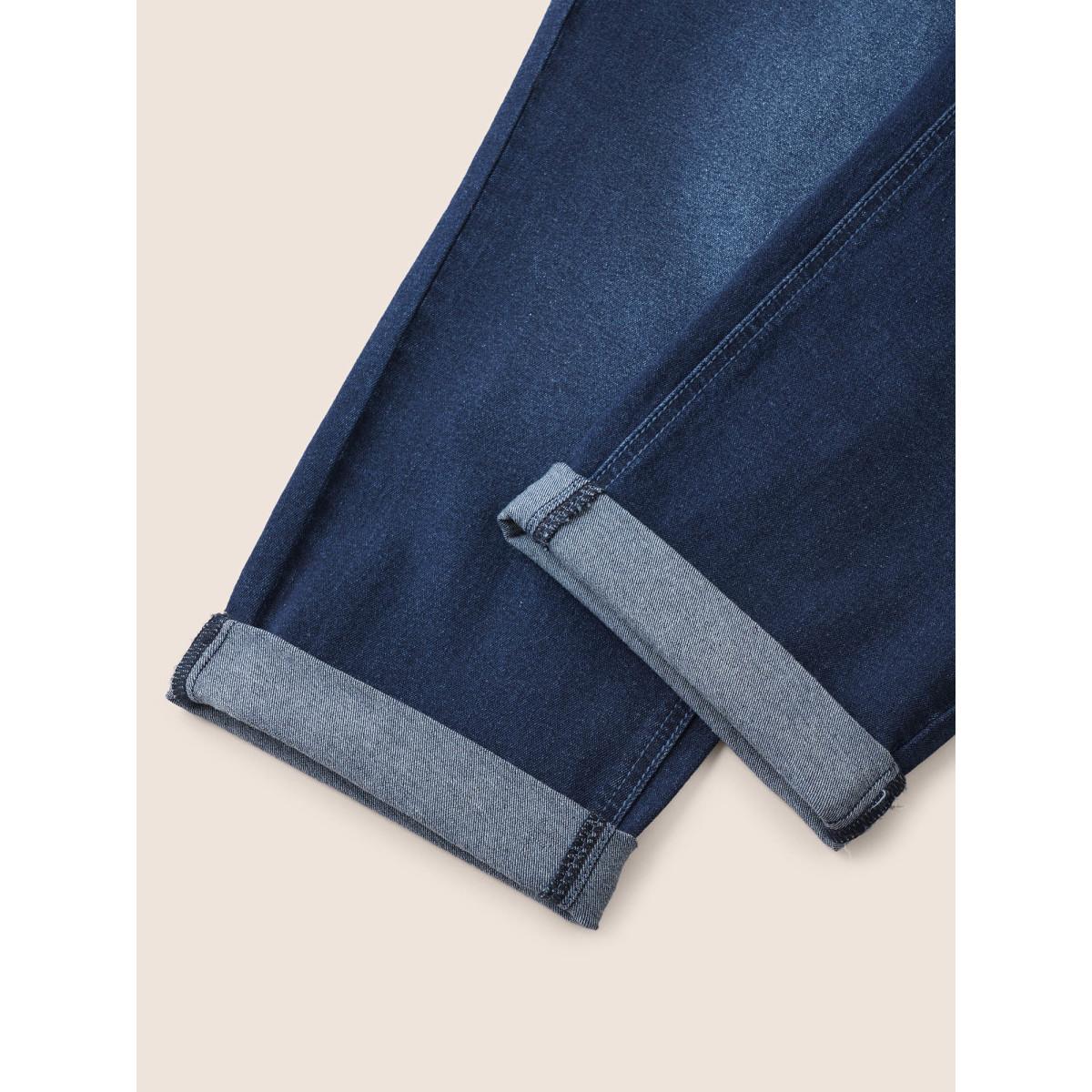 Plus Size Bodycon Roll Hem Medium Wash Jeans Women Blue Casual Plain Non High stretch Slanted pocket Jeans BloomChic 26/4X Product Image