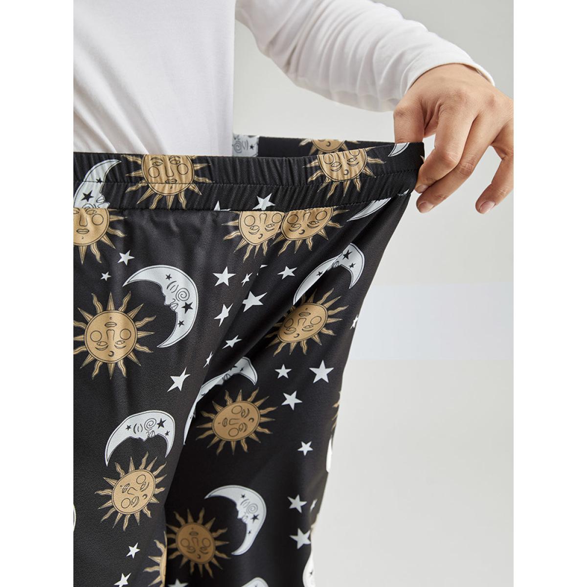 Plus Size Horoscope Print Wide Leg Elastic Waist Pants Women Black Elegant Wide Leg Mid Rise Festival-Christmas Pants BloomChic 28/5X Product Image