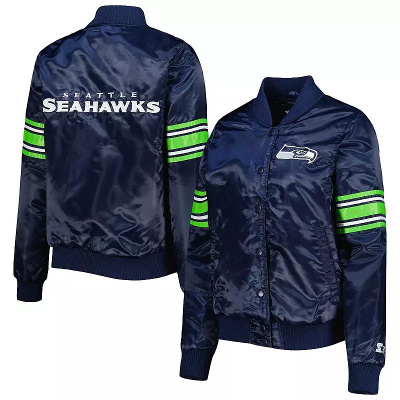 Women's Starter College Navy Seattle Seahawks Line Up Satin Full-Snap Varsity Jacket,  Product Image