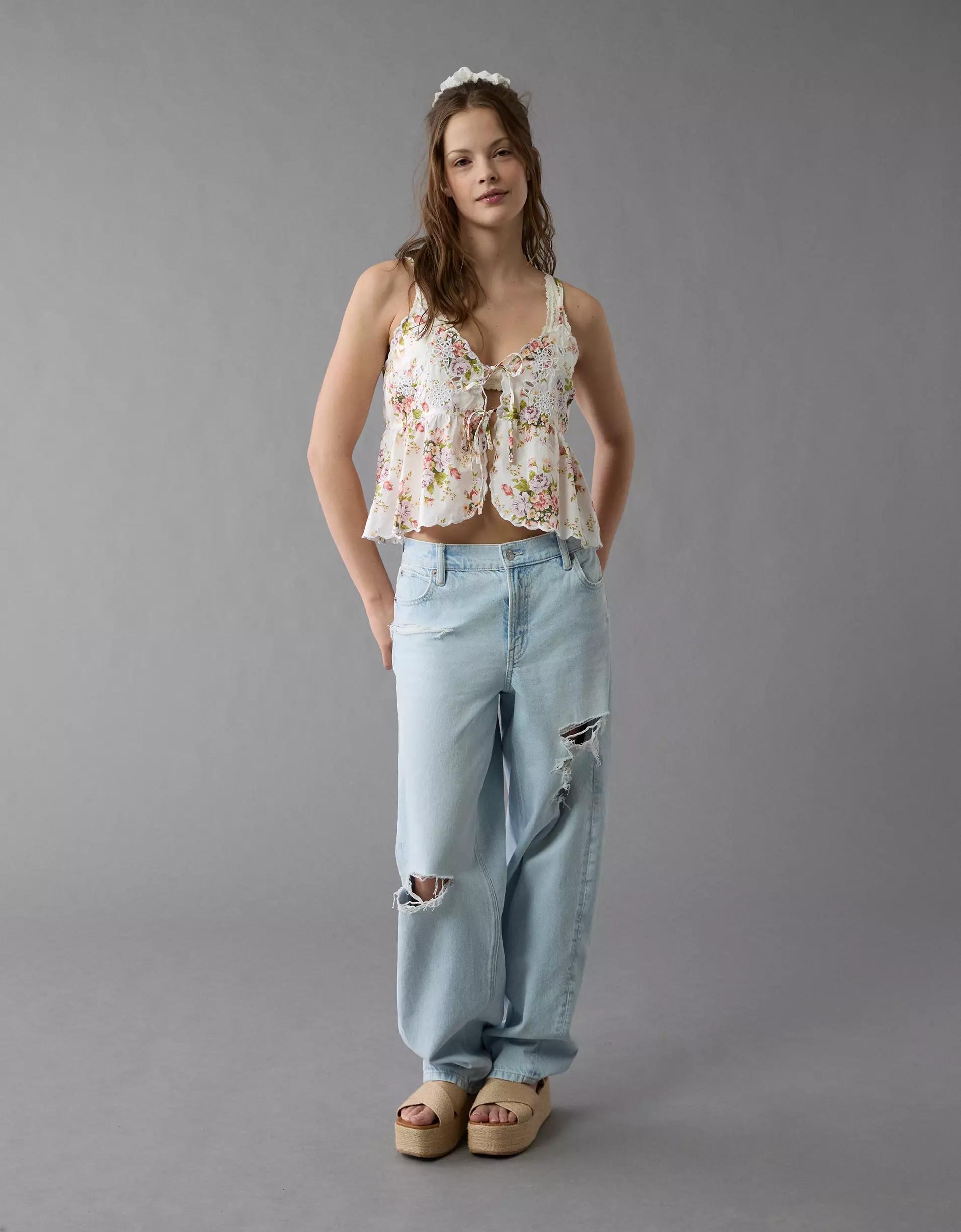 AE Tie Front Embroidered Tank Top Product Image