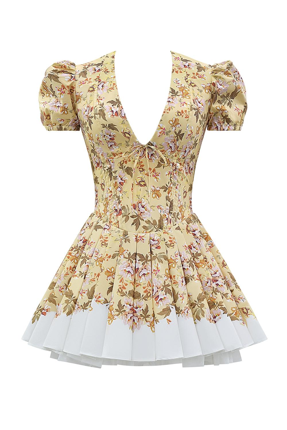 Imani  honeyflower print pleated cotton mini dress Product Image