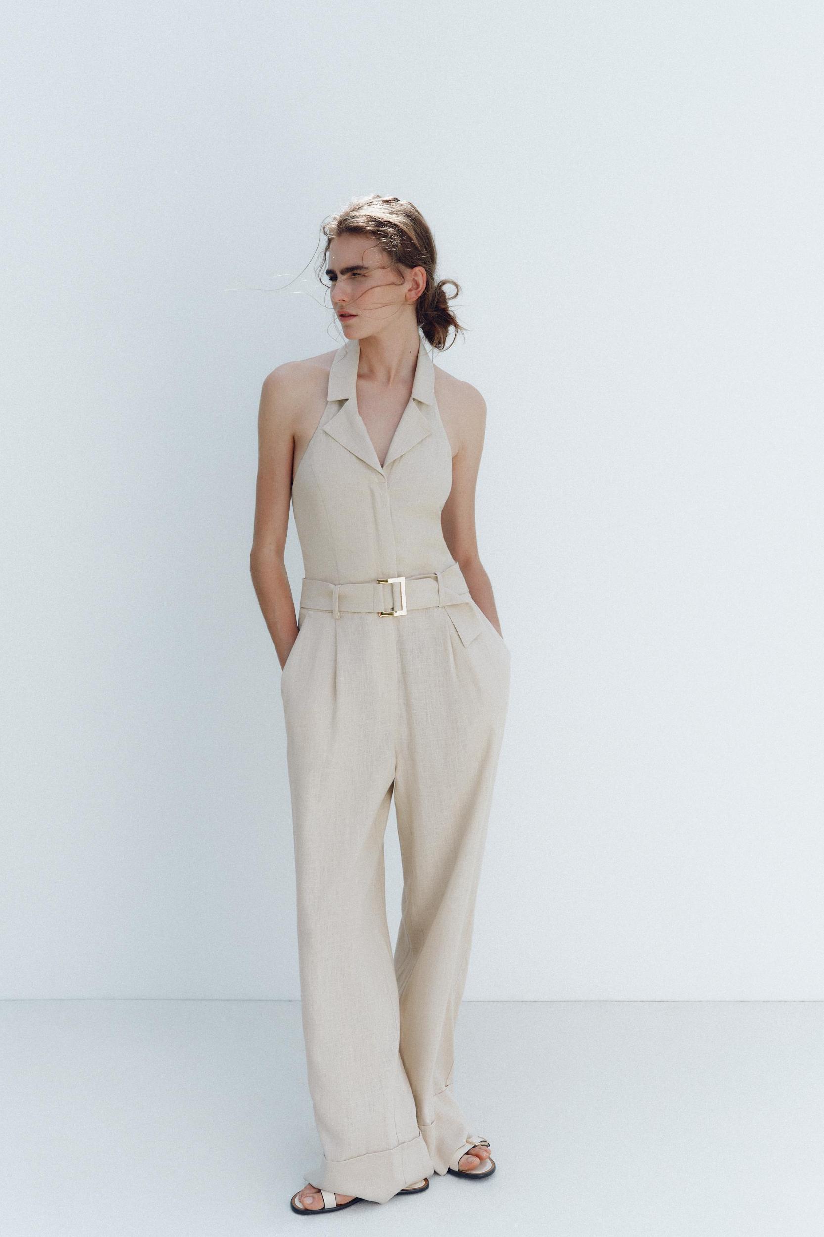 HALTER LINEN BELTED JUMPSUIT Product Image
