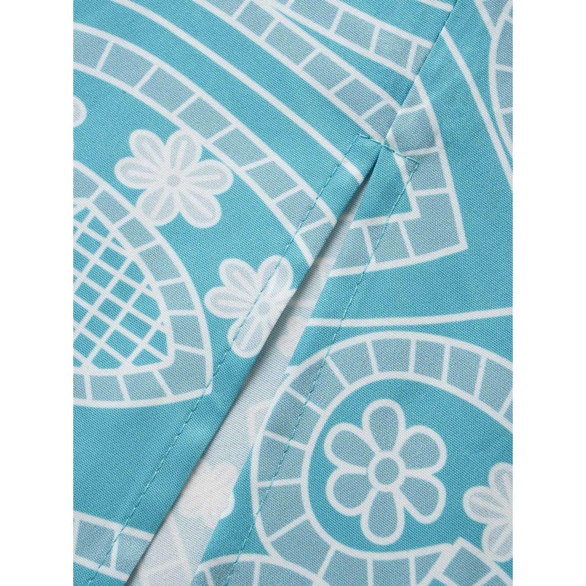 Plus Size Boho Print Scalloped Trim Split Front Dress Teal Women Resort Ruffles V-neck Cap Sleeve Curvy BloomChic 14-16/1X Product Image