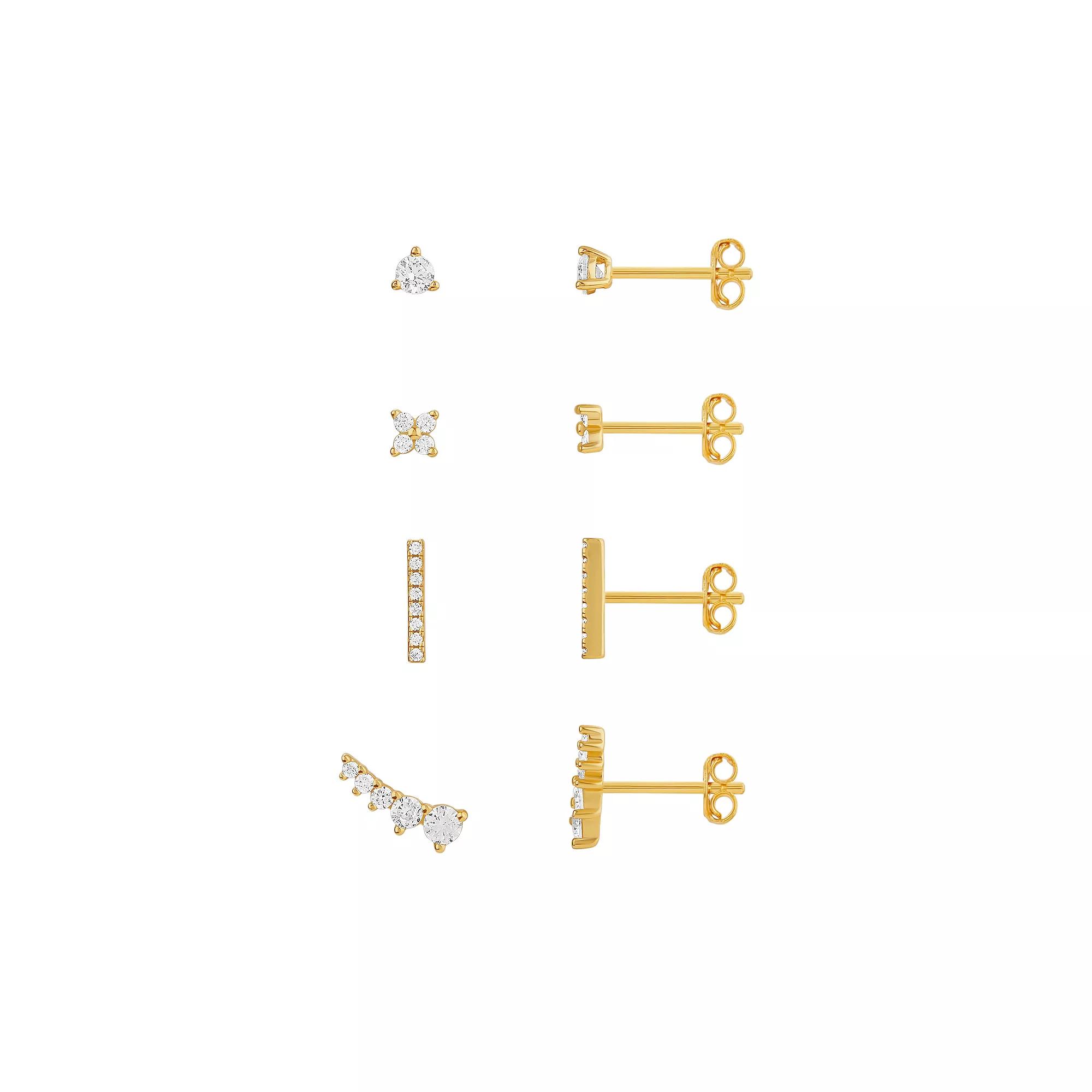 PRIMROSE 4-Pair 18k Gold Plated Cubic Zirconia Stud Earring Set, Women's, Gold Tone Product Image