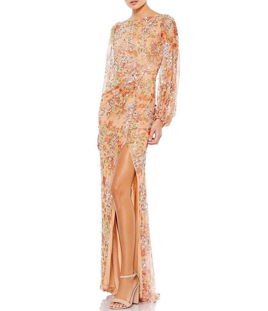 Mac Duggal Floral Print Sequin Boat Neck Long Sleeve Front Slit Gown Product Image
