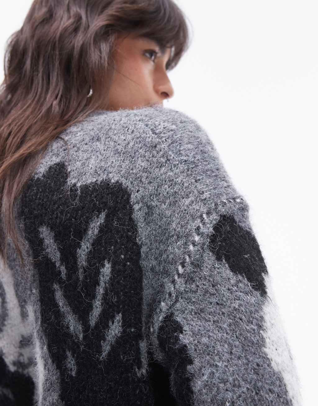 Topshop knitted large floral oversized sweater in gray Product Image