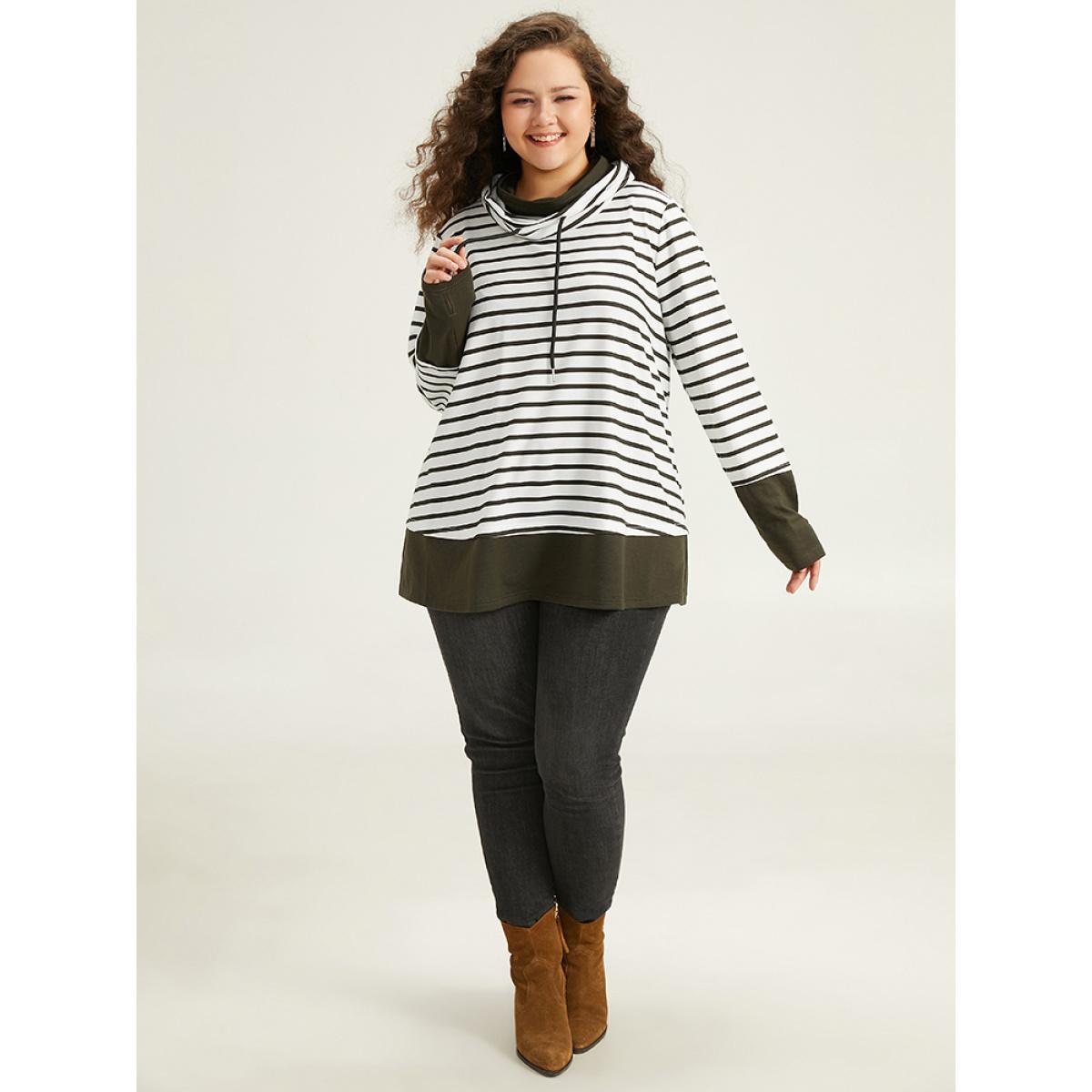 Plus Size Halloween Striped Patchwork Contrast Drawstring Sweatshirt Women Green Casual Contrast Turtleneck Festival-Halloween Sweatshirts BloomChic 30/6X Product Image