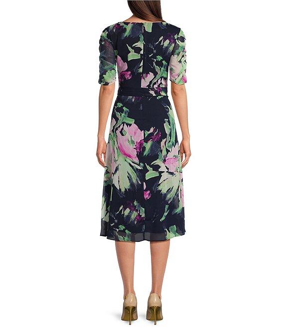 DKNY by Donna Karan Floral Surplice V-Neck Short Sleeve Faux Wrap Midi Dress Product Image
