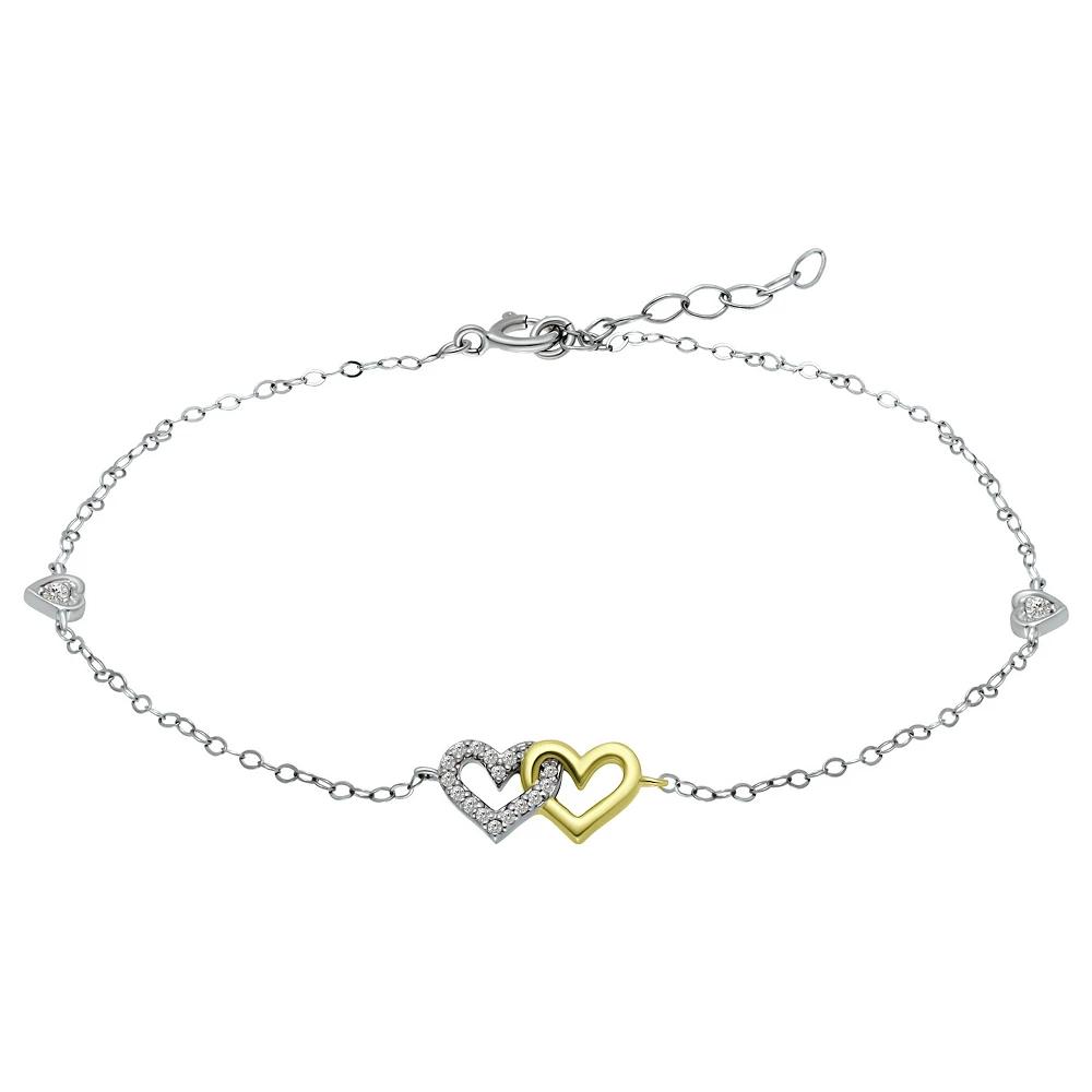 Aleure Precioso Sterling Silver Cubic Zirconia Double Heart Anklet, Women's, Size: 9", Two Tone Product Image