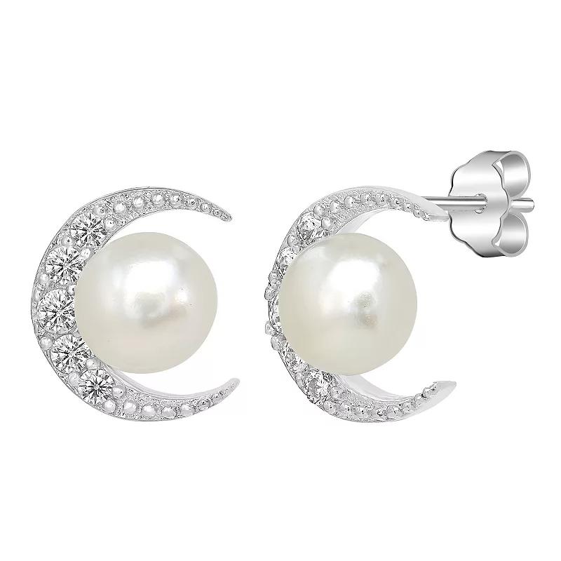 Gemistry Sterling Silver Cubic Zirconia Crescent Moon & Freshwater Cultured Pearl Stud Earrings, Women's Product Image