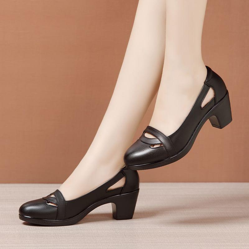 Chunky Heel Plain Cutout Faux Leather Pumps Product Image