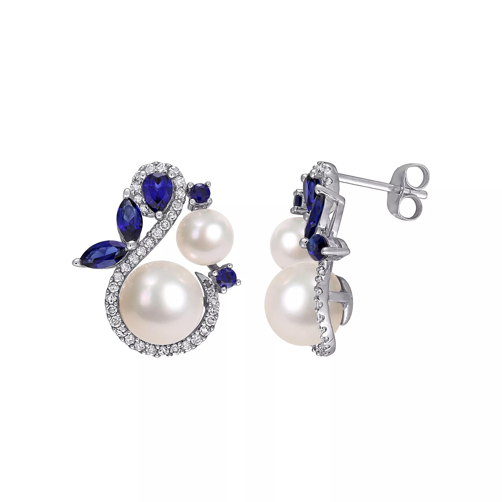 Stella Grace 10k White Gold Freshwater Cultured Pearl 1/3 Carat T.W. Diamond & Lab-Created Sapphire Earrings, Women's Product Image