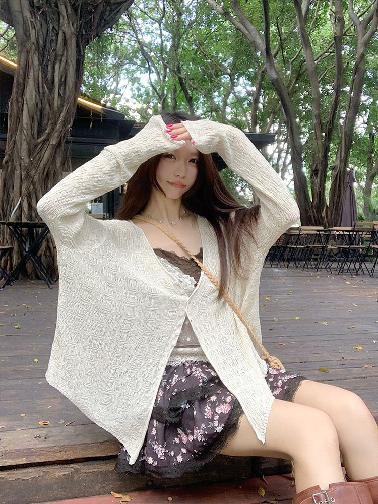 V-Neck Button-Up Plain Sheer Slit Cardigan Product Image