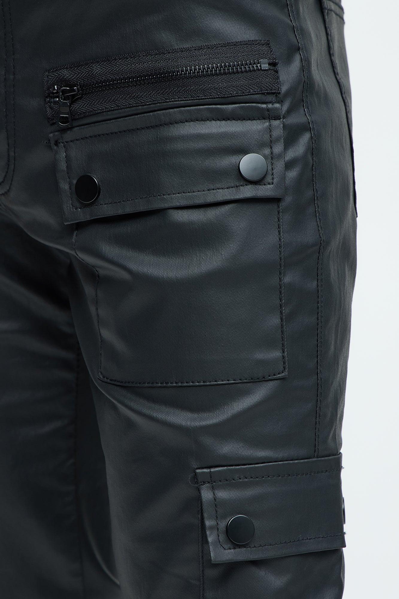 On The Verge Waxed Zipper Skinny Flare Cargo Pants - Black Product Image