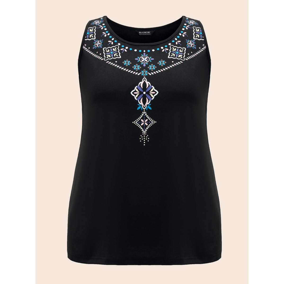 Plus Size Boho Print Stretchy Round Neck Vest Women Black Leisure Non Round Neck Casual Tank Tops Camis BloomChic 22-24/3X Product Image