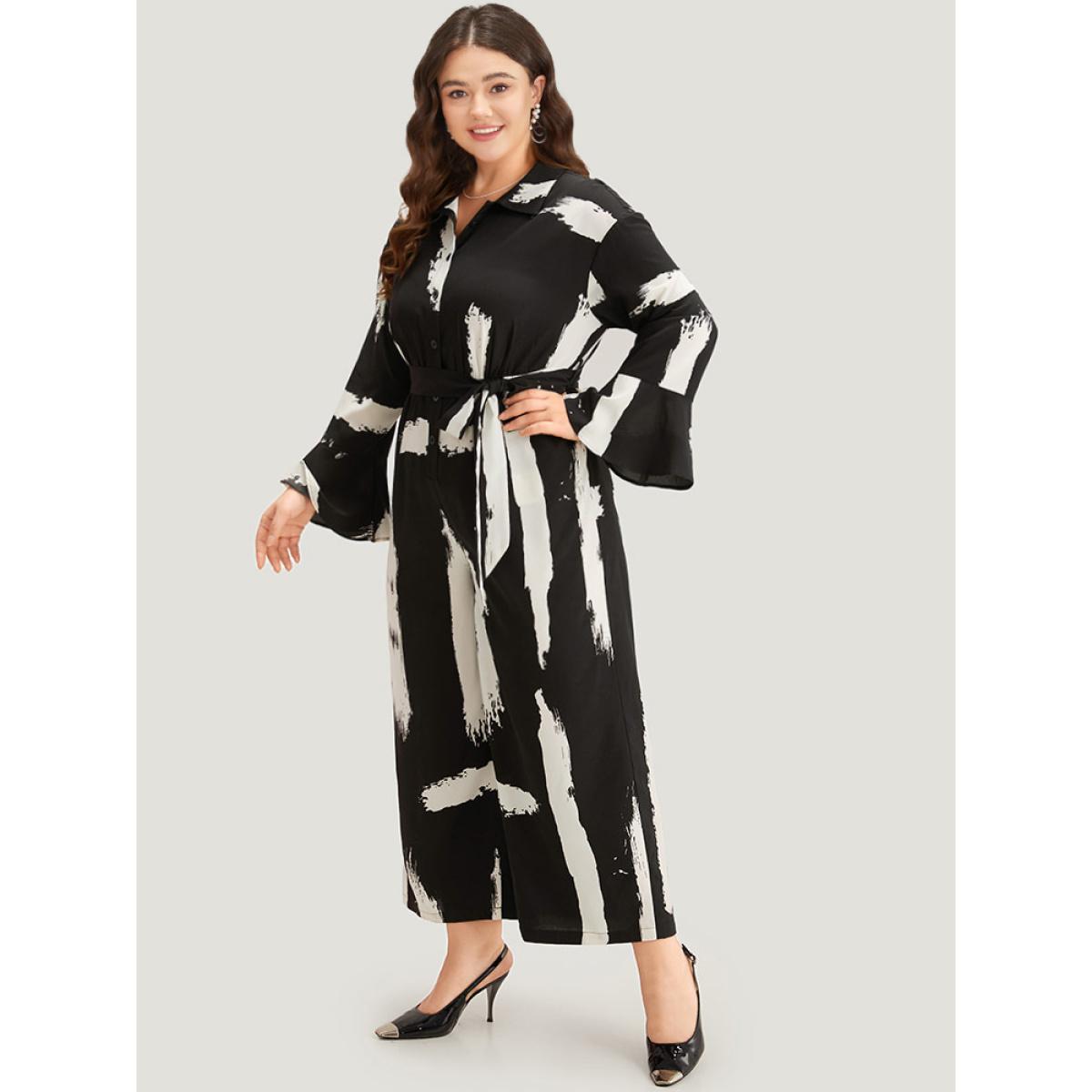Plus Size BlackFlower Brush Print Button Up Belted Bell Sleeve Jumpsuit Women Office Long Sleeve Shirt collar Office Loose Jumpsuits BloomChic 26/4X Product Image