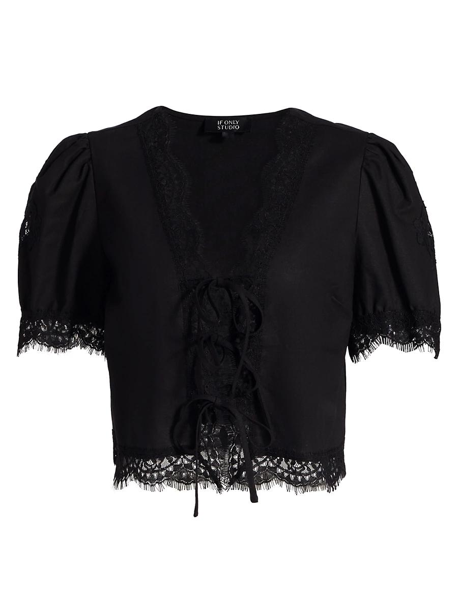 Womens Lace-Trim Puff-Sleeve Shirt Product Image