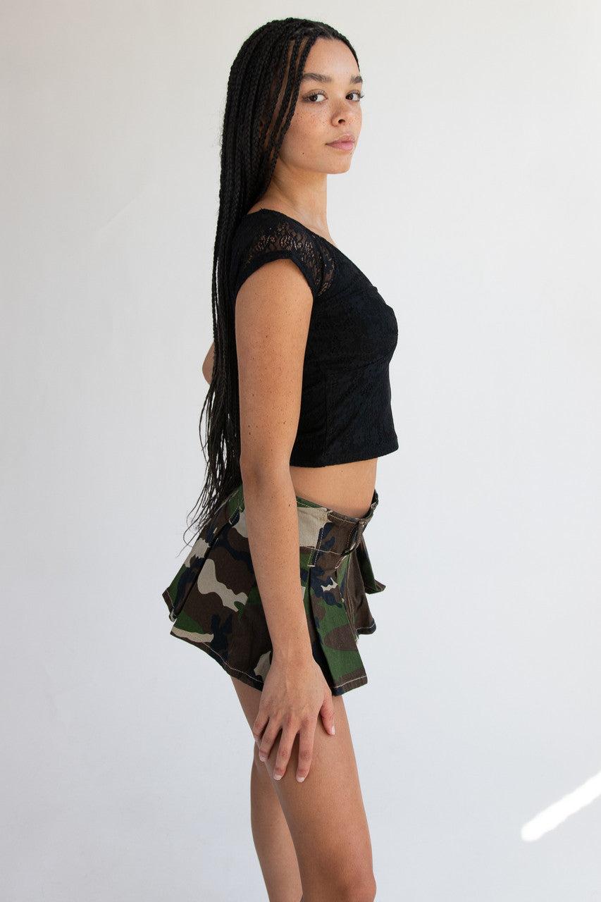 Low Rise Denim Pleated Mini Skort Product Image