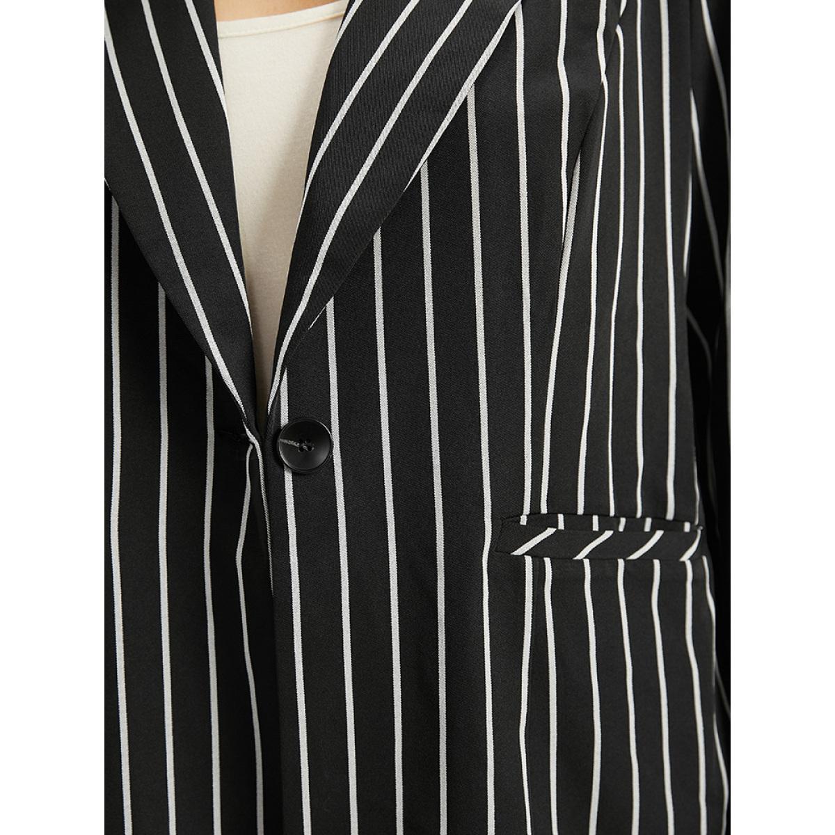 Plus Size Striped Suit Collar Button Up Blazer Black Women Work Striped Contrast Sleeve Long Sleeve Suit Collar 12/L Pocket Casual Blazers BloomChic Product Image