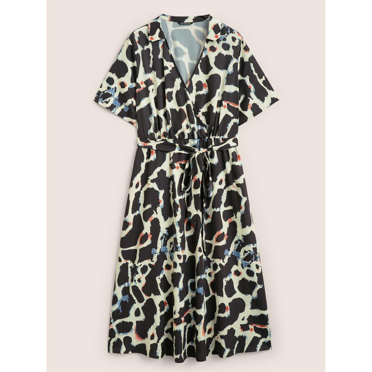 Plus Size Overlap Collar Geometric Belted Dress Black Women At the Office Overlapping Overlap Collar Short sleeve Curvy BloomChic 18-20/2X Product Image