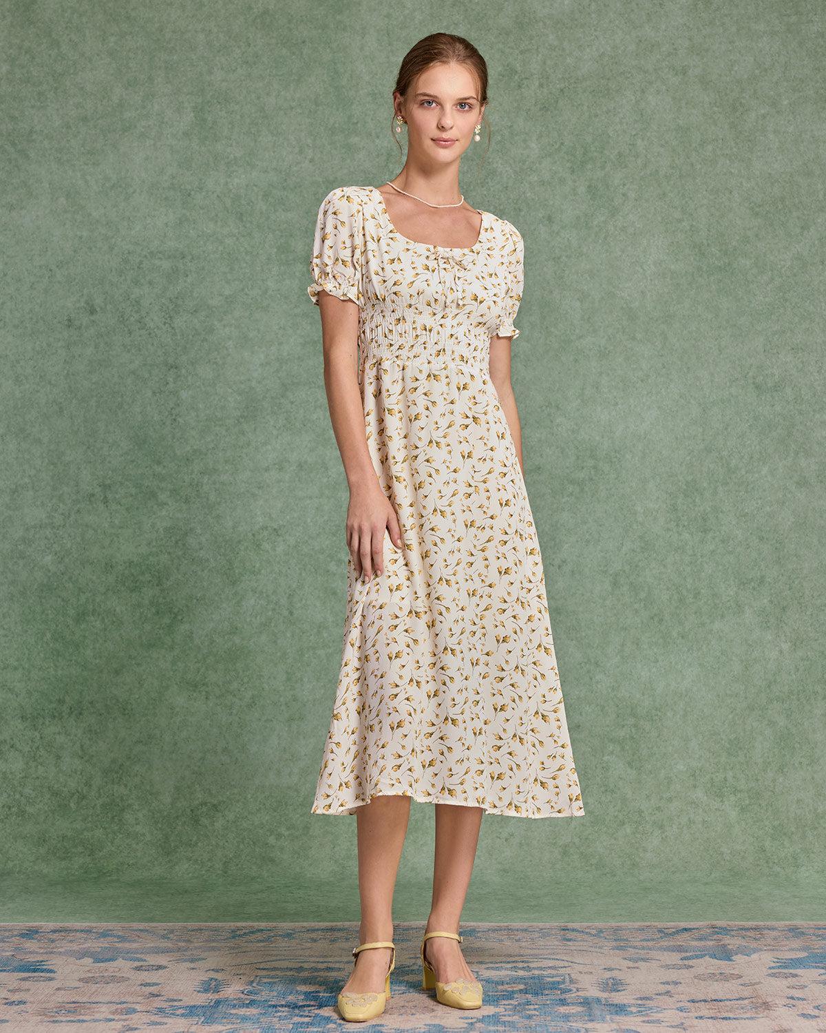 Yellow Floral Square Neck Shirred Midi Dress Product Image