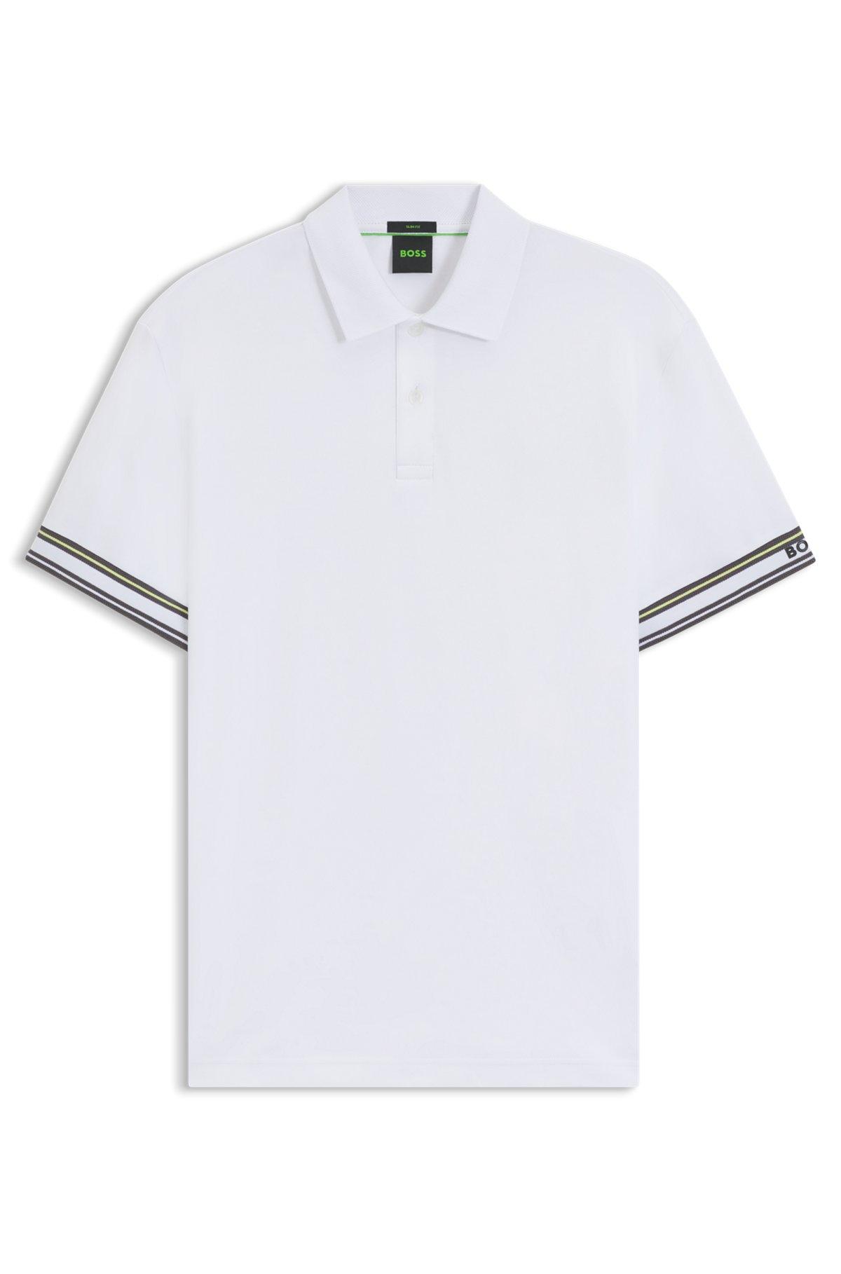 BOSS - Slim-fit polo shirt in cotton with striped collar - White Product Image