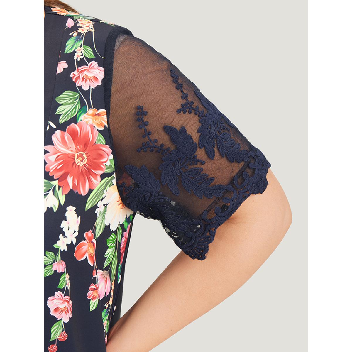 Plus Size Indigo Floral Pleated Mesh Lace Sleeve Square Neck Blouse Women Vacation Short sleeve Square Neck Dailywear Blouses BloomChic 26/4X Product Image