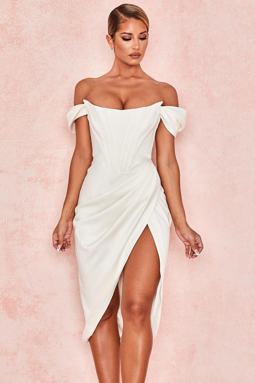Loretta  ivory satin off shoulder dress Product Image