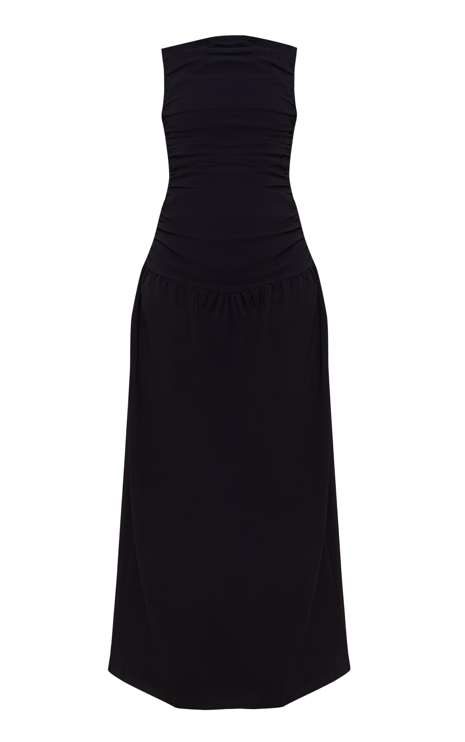 Black Stretch Woven Ruched Detail Drop Waist Maxi Dress Product Image
