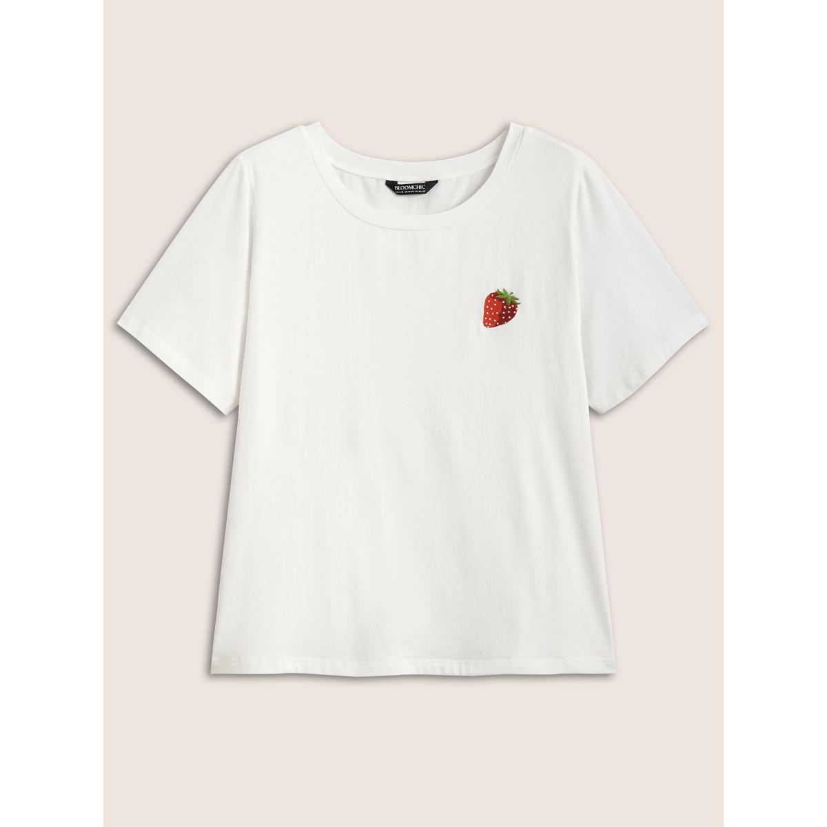 Plus Size Strawberry Print Crew Neck T-shirt Originalwhite Women Casual Contrast Fruit Round Neck Everyday T-shirts BloomChic 28/5X Product Image