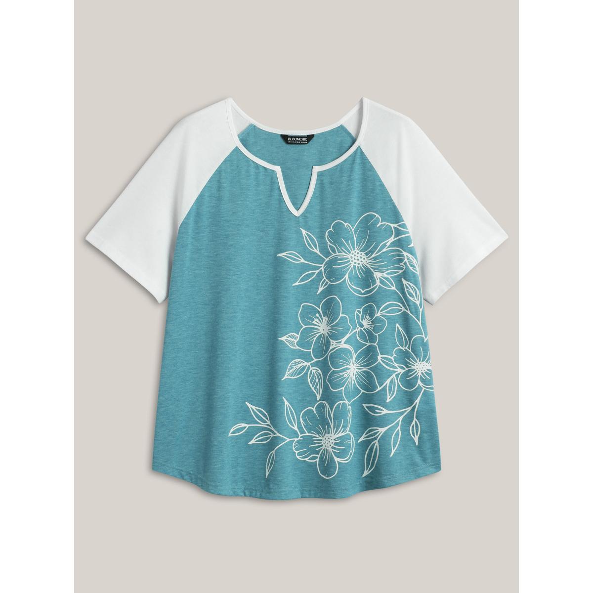 Plus Size Supersoft Heather Split Neck T-Shirt Cerulean Women Leisure Contrast Flat collar with V-notch Casual T-shirts BloomChic 18-20/2X Product Image