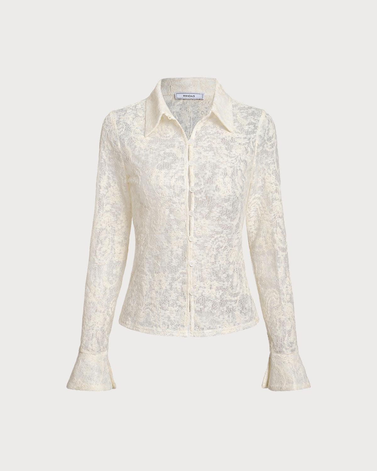 White Jacquard Bell Sleeve Button Blouse Product Image