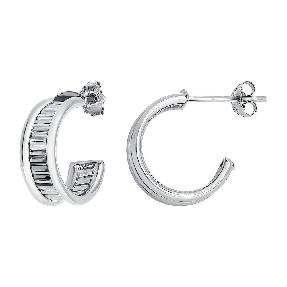Aleure Precioso Sterling Silver Textured Center C-Hoop Earrings, Women's Product Image