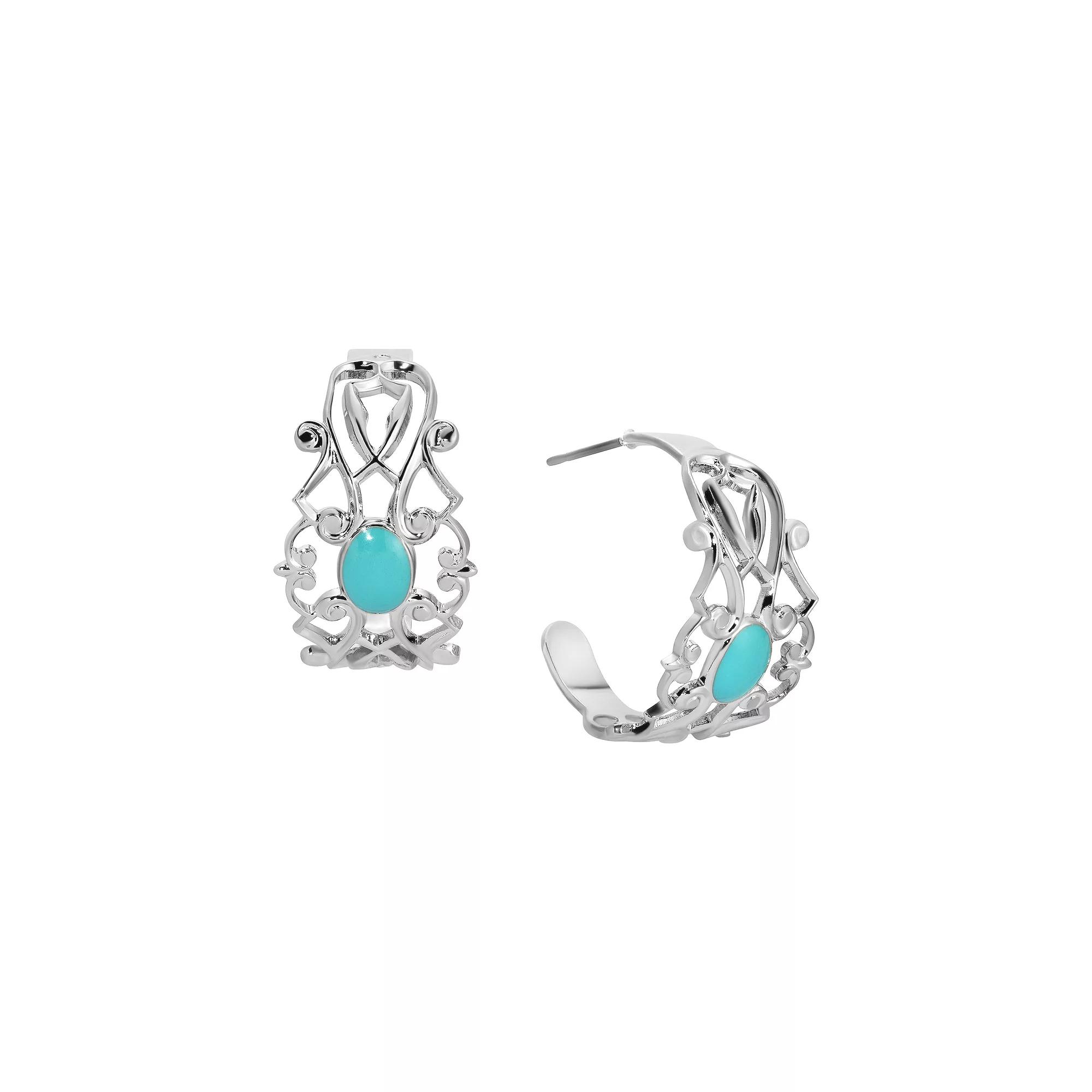 1928 Silver Tone Filigree with Enamel Oval Hoop Earrings, Women's, Turquoise Product Image