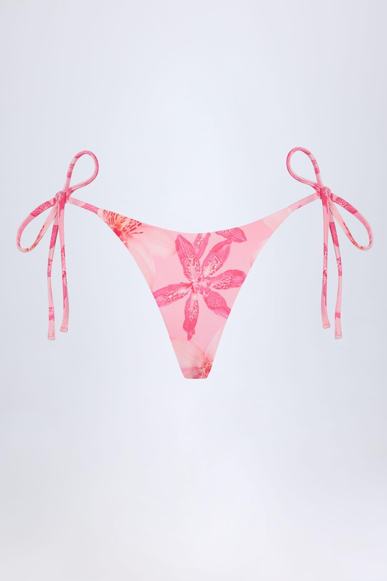 Side-Tie Thong Bikini Bottoms in Pink Orchid Print Product Image