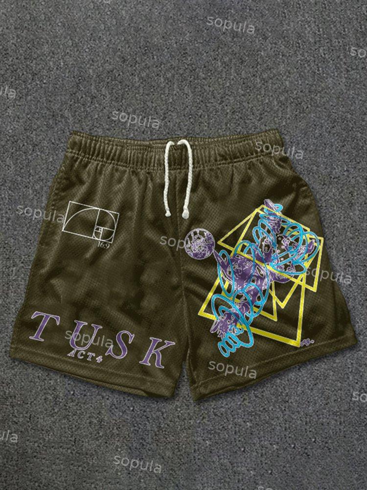 Vintage Cartoon Tusk Art Graphic Casual Street Mesh Shorts Product Image