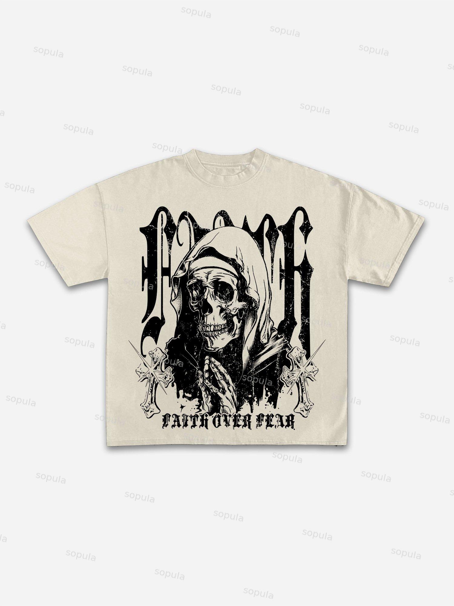 Skull Faith Over Fear Print Cotton T-shirt Product Image
